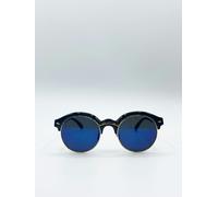 SVNX Black Round Sunglasses with Blue Revo Lenses and Gold Detail - Black - One Size