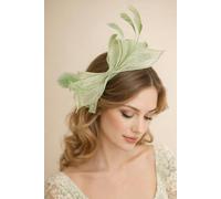 SVNX Bow Shaped Fascinator with Sinamay Curls & Feathers in Pastel Green - One size