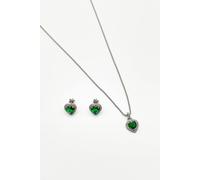 Svnx Emerald Diamante Heart Necklace &earrings Set In Silver Silver