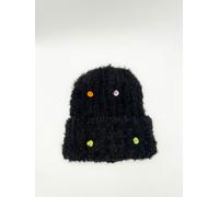 SVNX Fluffy Beanie Colourful Buttons In Black - Black - One Size