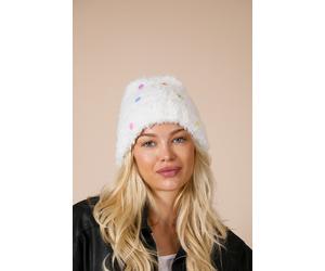 SVNX Fluffy Beanie Colourful Buttons In Off White - White - One Size