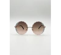 SVNX Oversized Round Frameless Sunglasses with Crystal Detail in Brown - One Size - Brown