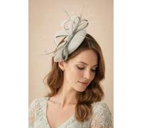 SVNX Round Pill Box Fascinator with Bow & Feathers in Grey - One size