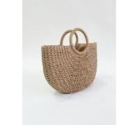 Svnx Round Woven Straw Holdall With Circular Handle In Brown Brown