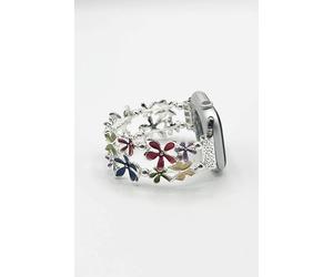 SVNX Women's Apple Watch Strap with Flowers - Gift Boxed in Metallic Silver