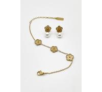 SVNX Women's Floral Pearl Stud Earrings & Bracelet Set - Gift Boxed in Gold