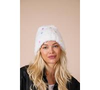 SVNX Women's Fluffy Beanie with Multicolour Buttons in White SVNX White One Size