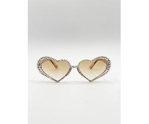 SVNX Women's Heart Sunglasses with Gem Detail in Champagne in Light Sand