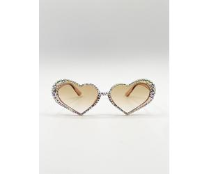 SVNX Women's Heart Sunglasses with Gem Detail in Champagne in Light Sand SVNX Light Sand One Size
