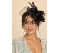SVNX Women's Large Feather & Net Disc Fascinator in Black SVNX Black One Size