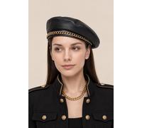 SVNX Women's Leather Beret With Gold Metal Chain Detail