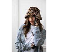 SVNX Women's Leopard Plush Print Bucket Hat & Gloves Set in Brown