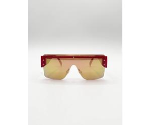 SVNX Women's Oversized Flat Top Sunglasses with Mirrored Lens in Red