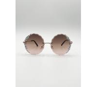 SVNX Women's Oversized Round Frameless Sunglasses with Crystal Detail in Brown in Light Brown