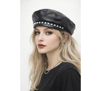 SVNX Women's PU Leather Beret With Faux Pearl Trims in Black
