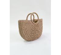 SVNX Women's Round Woven Straw Holdall With Circular Handle in Brown SVNX Brown
