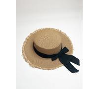 SVNX Women's Straw Hat With Black Ribbon Bow in Light Brown SVNX Light Brown One Size