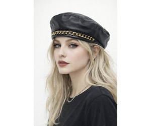 SVNX Women's Zola PU Leather Beret With Gold Metal Chain Detail