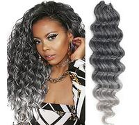 Svolna Ocean Wave Crochet Hair 14 Inch Ombre Grey Curly Ocean Wave 7 Bundles Deep Wave Shoulder Length Medium Wavy Ocean Wave Crochet Hair for Women 14 Inch 7 Pack