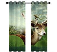 SVTUSR 3D Green-Brown Deer And Bird Rhythm Pattern Curtains 234X230Cm Eyelet Blackout Curtains Noise Reducing Thermal Insulated Eyelet Ring Top Window For Kids Bedroom Living Room 2 Panels