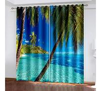 SVTUSR Blackout Curtains For Bedroom Living Room 3D Printed Blue Ocean Coconut Tree Ship Pattern 280X260Cm 2 Panels Super Soft Thermal Insulated Noise Reducing Eyelet Curtains Kitchen Nursery Decor