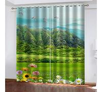 SVTUSR Blackout Curtains For Living Room Bedroom Nursery Decoration, Super Soft Thermal Insulated Eyelet Curtains Window Treatments 3D Printed Green Pastoral Landscape Pattern 140X160Cm 2 Panels