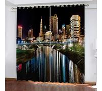 SVTUSR Blackout Curtains For Living Room Bedroom Nursery Decoration, Super Soft Thermal Insulated Eyelet Curtains Window Treatments 3D Printed City Night View Pattern 140X160Cm 2 Panels