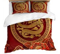 SVTUSR Double Bedding Duvet Covers Set For Kids - 100% Brushed Microfiber Duvets Cover Sets Red And Gold Dragon Chinese Style 200X200Cm With 2 Pillowcases, Super Soft Fluffy Home Bedding Set Quilt