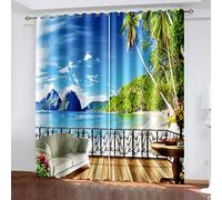 SVTUSR Kitchen Curtains 3D Beautiful Scenery From The Balcony By The Sea Printed Pattern Super Soft Thermal Insulated Blackout Curtains Bedroom Living Room Eyelet Home Nursery Decoration 280X260Cm