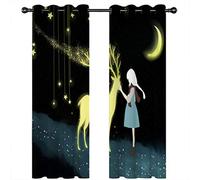 SVTUSR Kitchen Curtains 3D Black Star Moon Night Deer Man Printed Pattern Super Soft Thermal Insulated Blackout Curtains Bedroom Living Room Eyelet Home Nursery Decoration 200X160Cm 2 Panels