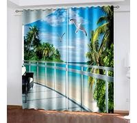 SVTUSR Kitchen Curtains 3D Blue Ocean, Green Forest Printed Pattern Super Soft Thermal Insulated Blackout Curtains Bedroom Living Room Eyelet Home Nursery Decoration 200X160Cm 2 Panels