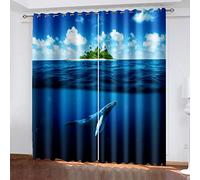 SVTUSR Kitchen Curtains 3D Blue Ocean Island Whale Printed Pattern Super Soft Thermal Insulated Blackout Curtains Bedroom Living Room Eyelet Home Nursery Decoration 280X260Cm 2 Panels