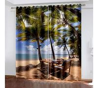 SVTUSR Kitchen Curtains 3D Coconut Trees, Sea, And Beach Printed Pattern Super Soft Thermal Insulated Blackout Curtains Bedroom Living Room Eyelet Home Nursery Decoration 200X160Cm 2 Panels