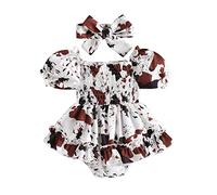 Svuitmsl Infant Baby Girl Short Sleeve Bubble Romper Cow Print Bodysuit One Piece Jumpsuit Summer 2Pcs Dresses with Headband