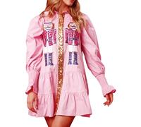 Svuitmsl Women Christmas Sequin Skirt Dress Sparkly Glitter Print Tiered Ruffle Loose Mini Dresses Holiday Party Sweatshirt (A-Pink, L)