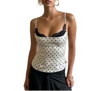 Svuitmsl Women Polka Dot Lace Trim Camisole Sexy Spaghetti Strap Going Out Tank Shirt Sleeveless Layered Bralette Corset Tops (A-White, M)
