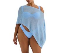 Svuitmsl Women Sheer Poncho Top Lightweight See Through Shrug Bolero Sweater Top Mesh Knit Crochet Beach Shawl Cover Up (C-Blue, S)