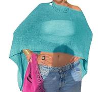 Svuitmsl Women Sheer Poncho Top Lightweight See Through Shrug Bolero Sweater Top Mesh Knit Crochet Beach Shawl Cover Up (A-Blue, One Size)