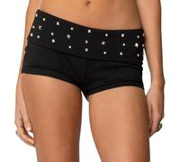 Svuitmsl Women Studded Fold Over Shorts Low Rise Rivet Mini Lounge Sleep Pj Micro Shorts Slim Fit Boyshorts Goth Rave Bottoms (A-Black, L)