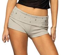Svuitmsl Women Studded Fold Over Shorts Low Rise Rivet Mini Lounge Sleep Pj Micro Shorts Slim Fit Boyshorts Goth Rave Bottoms (A-Beige, M)