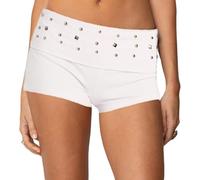 Svuitmsl Women Studded Fold Over Shorts Low Rise Rivet Mini Lounge Sleep Pj Micro Shorts Slim Fit Boyshorts Goth Rave Bottoms (A-White, S)