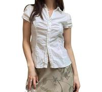 Svuitmsl Women Y2k Coquette Button Down Shirt Lapel Collar Cap Sleeve Ruched Slim Fit Tops 90s Vintage Office Business Blouse (A-White, S)