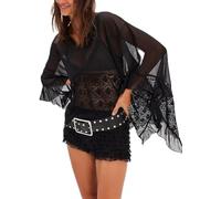Svuitmsl Womens Y2K Lace Poncho Top Ruffle Batwing Sleeve Shawl V Neck Cover Up Loose Fit See-through Mesh Cape Flowy Shirt (A-Black, XL)