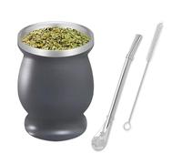 SVUPUE Yerba Mate Cup, Yerba Mate,Double-Wall Yerba Tea Set, Yerba Cup, with Straw Spoon and Cleaning Brush, for Yerba Mate Drink, Coffee, Milk and Juice, Grey,8oz