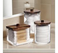 Swabs Dispenser - Swabs Holder Bathroom Container With Apothecary Jar Organizer - Brown Wood Lids For Easy Storage 3 pack