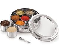 SWACRAFT Stainless Steel High Grade Spice Container 7 Containers and Small Spoon Belly shape See Through Masala Box Indian Masala Dabba with Size 9 X 9 Inches