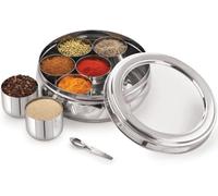 SWACRAFT Stainless Steel High Grade Spice Container 7 Containers and Small Spoon Belly shape See Through Masala Box Indian Masala Dabba with Size 8 X 8inches