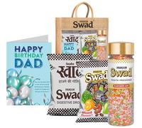 Swad Happy Birthday Dad Papa Father Gift with Card (25 Swad Candy, 25 Mixed Toffee, Kashmiri Mix Mukhwas) in Jute Bag