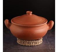 Swadeshi Blessings Exclusive Range Unglazed Clay Pot for Cooking & Serving with Lid/Earthen Kadai/Mud Handi/Mitti Ke Bartan (with Mirror Shine) + Free ASH for Cleaning (3 Liters)