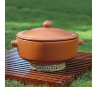 Swadeshi Blessings HandMade Exclusive New Range Unglazed Clay HotCase/Earthen Pot for Serving with Lid, 2.5LTR (Natural Firing Shade & Mirror Shine) + Free Palm Leaf Stand